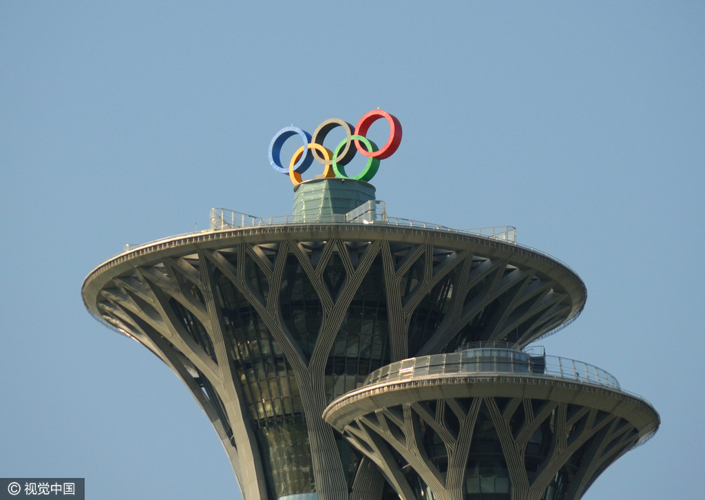 北京奥林匹克塔"五环标志"安装完毕,成第二座独立永久安装奥运
